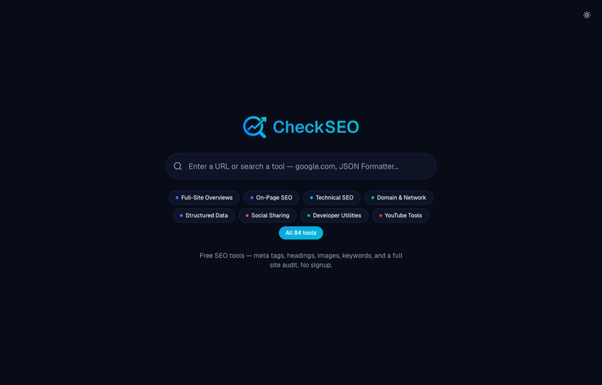 CheckSEO.dev — free SEO tools homepage, a Hykvra Studio product