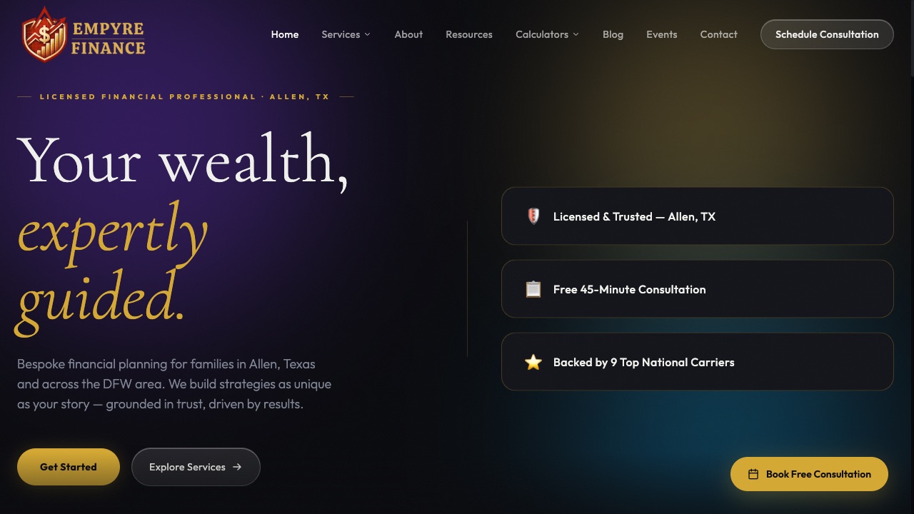 Empyre Finance — financial planning website, built by Hykvra Studio