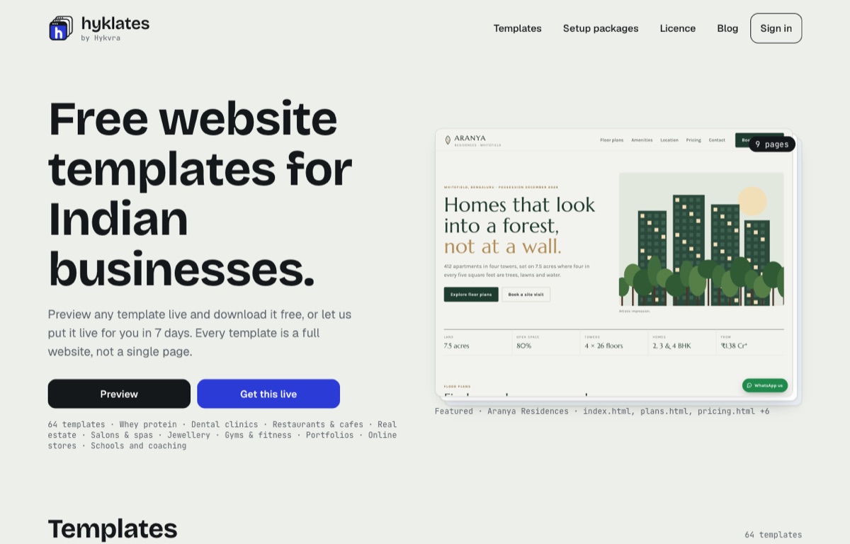 Hyklates — free website templates for Indian businesses, a Hykvra product